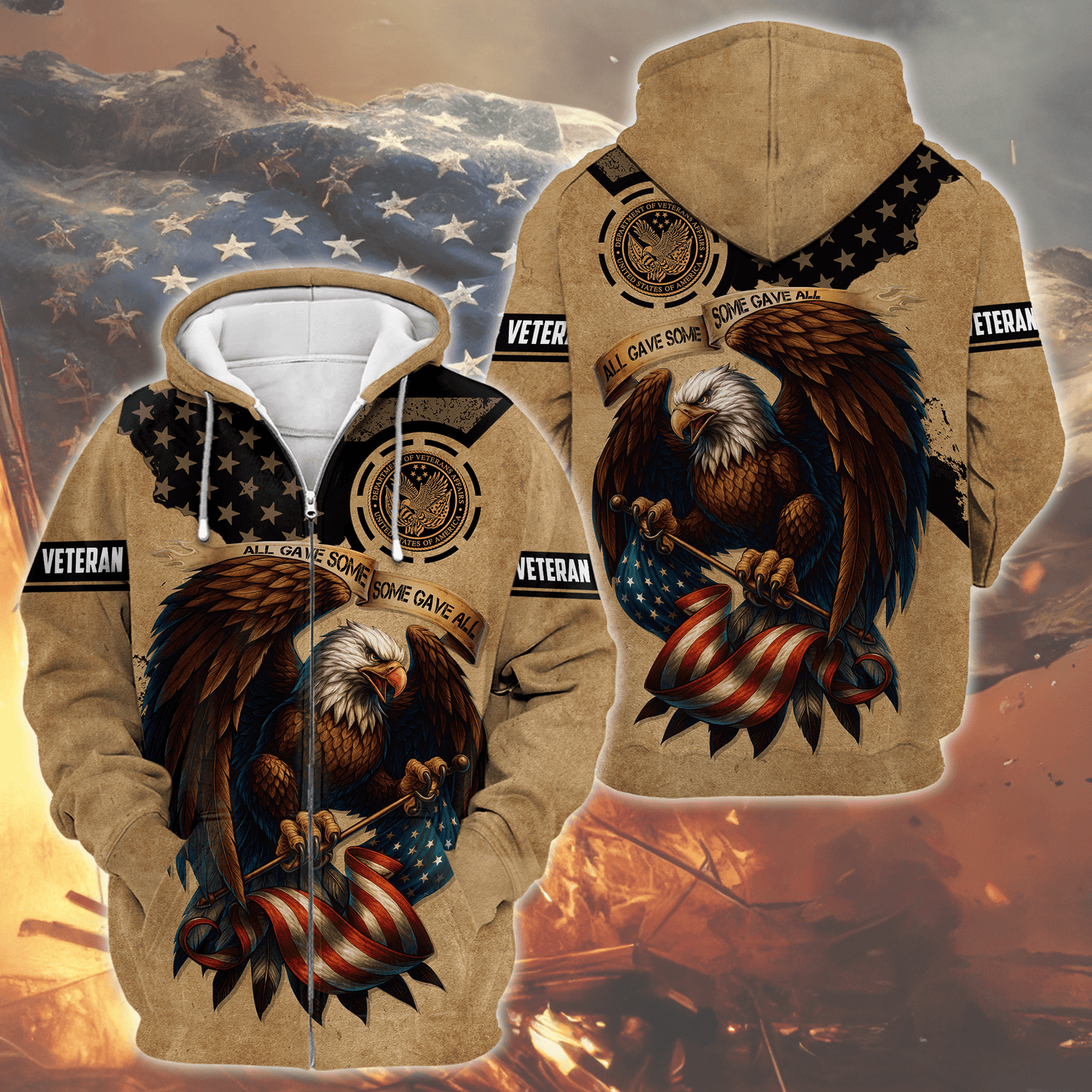 American Veteran Patriotic Eagle with U.S. Flag All-Over Print Zip Hoodie, easychoo.com