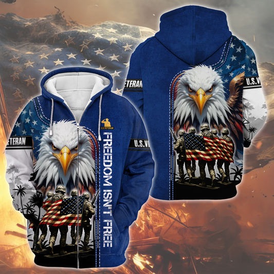 U.S. Veteran Hoodie – Freedom Isn’t Free, American Flag Eagle Design, Patriotic Zip Up, easychoo.com