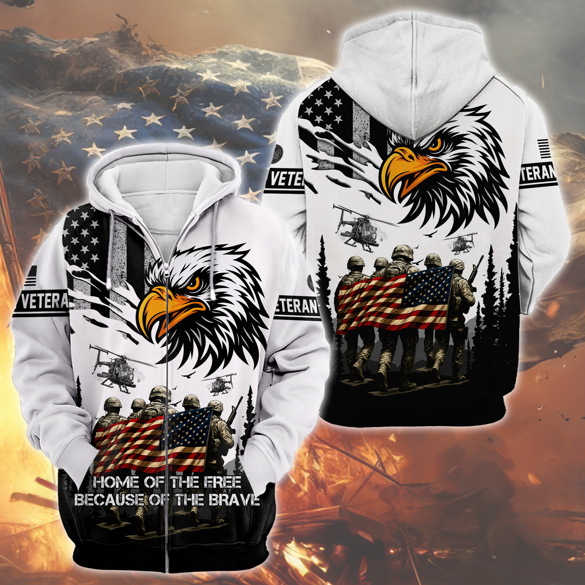 American Veteran Patriotic Eagle with U.S. Flag All-Over Print Zip Hoodie, easychoo.com