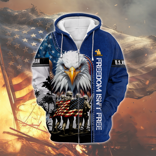 American Veteran Patriotic Eagle with U.S. Flag All-Over Print Zip Hoodie, easychoo.com