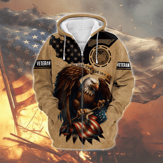 American Veteran Patriotic Eagle with U.S. Flag All-Over Print Zip Hoodie, easychoo.com