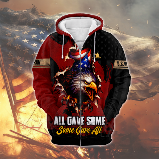American Veteran Patriotic Eagle with U.S. Flag All-Over Print Zip Hoodie, easychoo.com