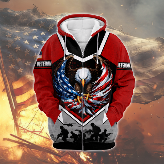 American Veteran Patriotic Eagle with U.S. Flag All-Over Print Zip Hoodie, easychoo.com