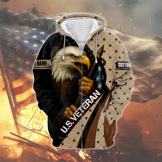 American Veteran Patriotic Eagle with U.S. Flag All-Over Print Zip Hoodie, easychoo.com