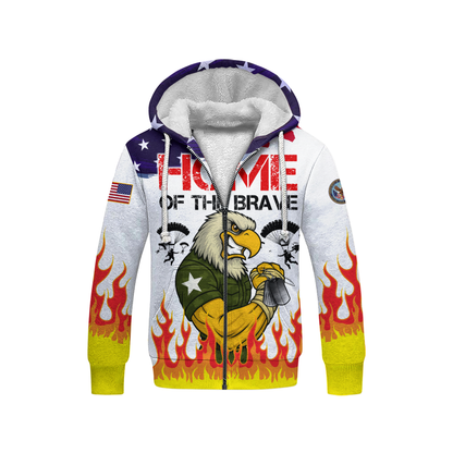 U.S. Veteran Hoodie – Home of the Brave, American Flag Eagle Zip Up, Patriotic Military Sweatshirt