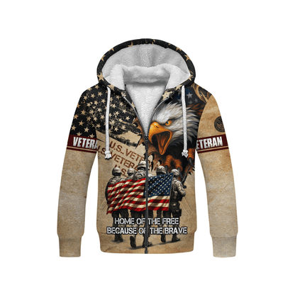 American Veteran Hoodie – Home of the Free Because of the Brave, Eagle & Soldiers Zip Hoodie, U.S. Flag Military Sweatshirt