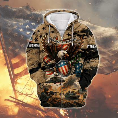 U.S. Veteran Hoodie – Never Forget Never Surrender Eagle Military Zip Up