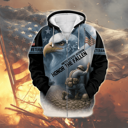 U.S. Veteran Hoodie – Honor the Fallen, American Eagle Memorial Zip Up, Soldier Tribute Sweatshirt for Men