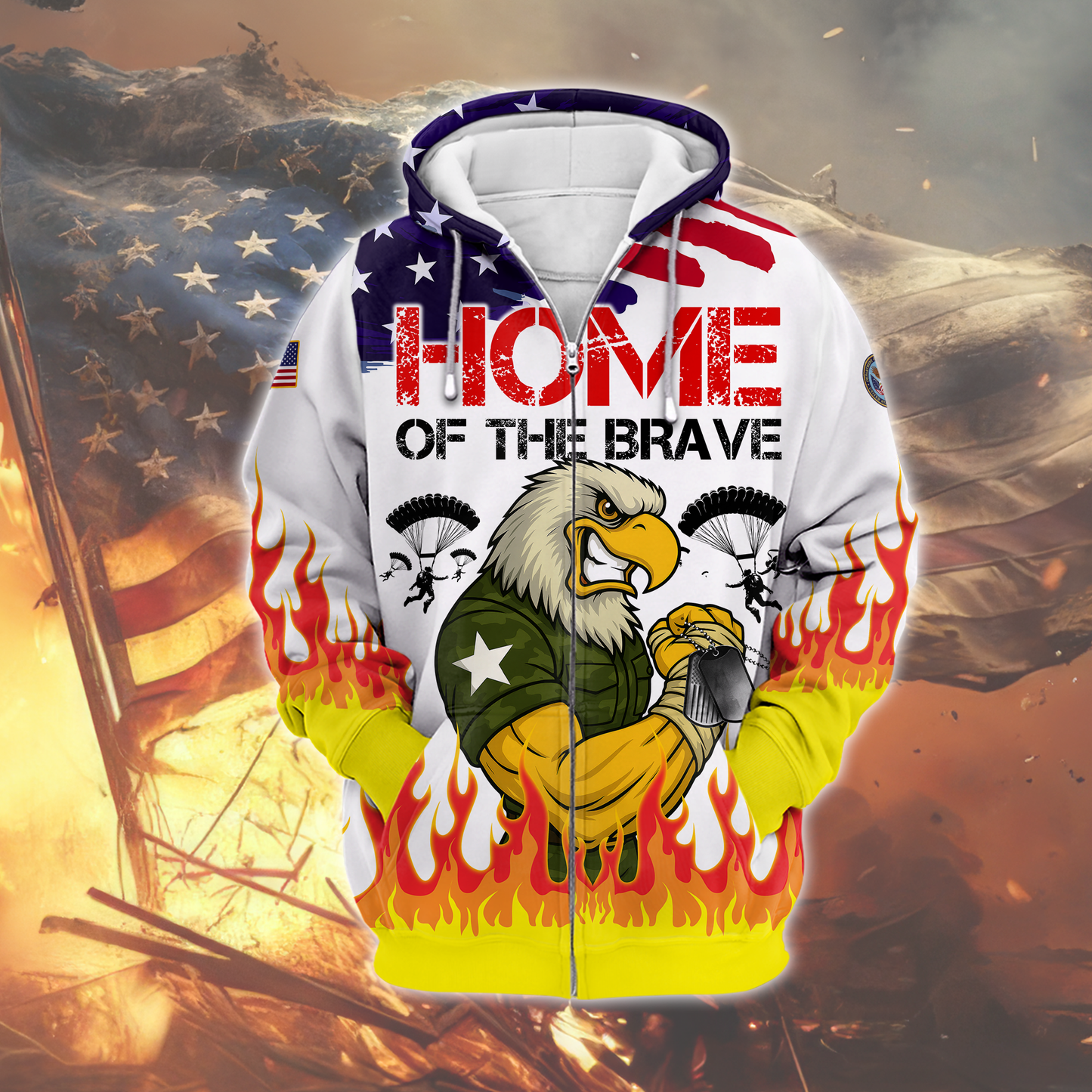 U.S. Veteran Hoodie – Home of the Brave, American Flag Eagle Zip Up, Patriotic Military Sweatshirt