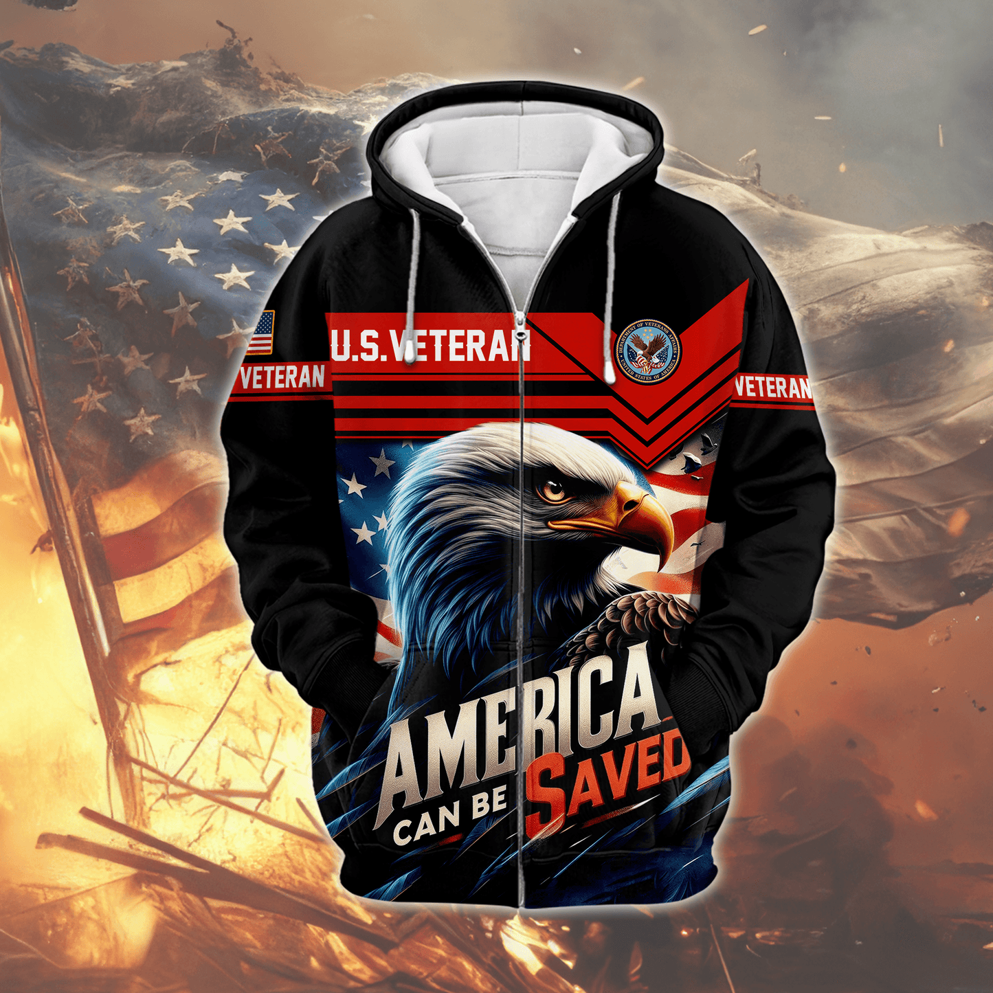 U.S. Veteran Hoodie – America Can Be Saved Patriotic Zip Up Jacket