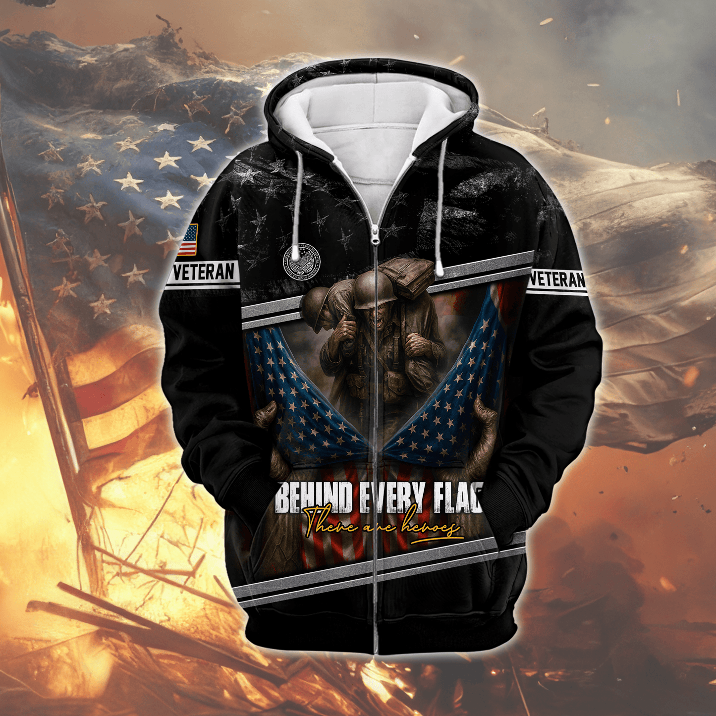 U.S. Veteran Hoodie – Behind Every Flag There Are Heroes Zip Up