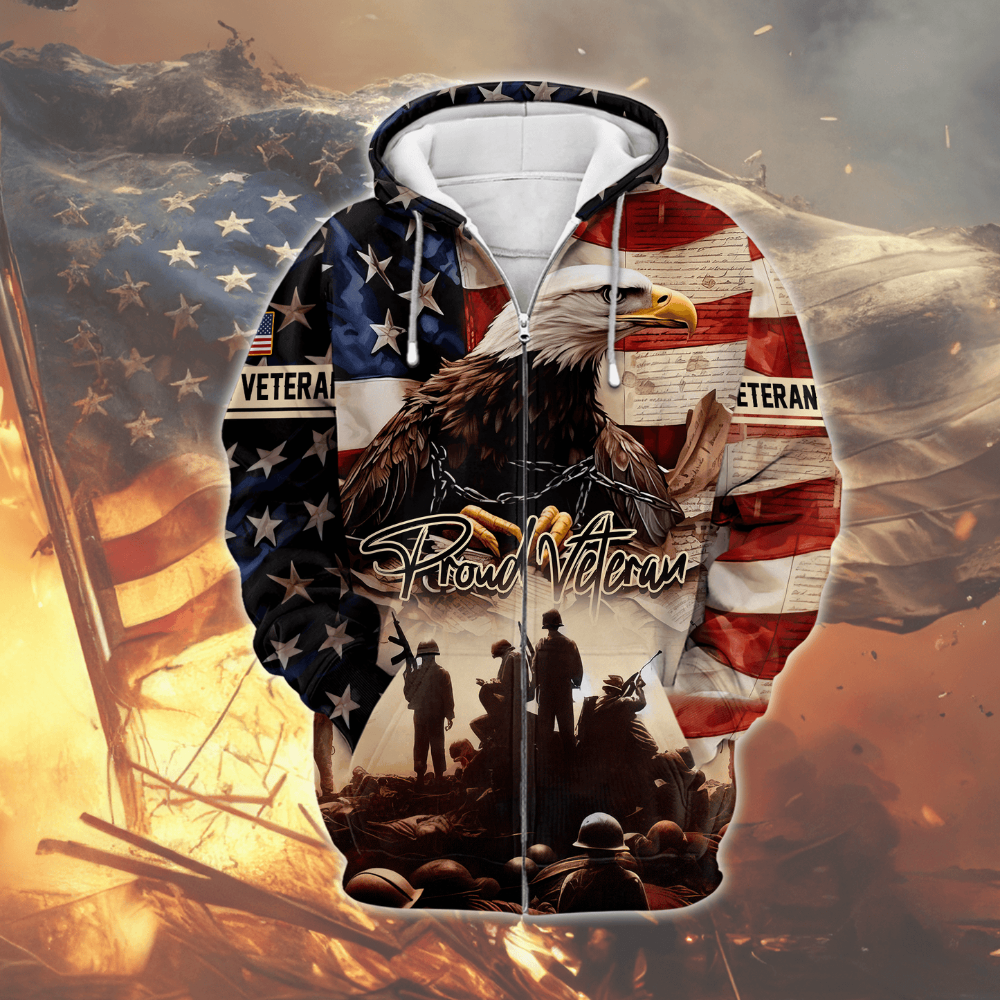 U.S. Veteran Hoodie – Proud Veteran Bald Eagle Zip Up, American Flag Military Hoodie, Patriotic Gift for Heroes