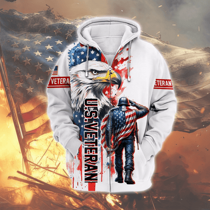 U.S. Veteran Hoodie – American Flag Soldier & Bald Eagle Zip Up