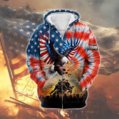 American Eagle Veteran Hoodie – Patriotic Tie Dye Zip Up, U.S. Flag Military Sweatshirt, Honor & Freedom Veteran Gift for Men
