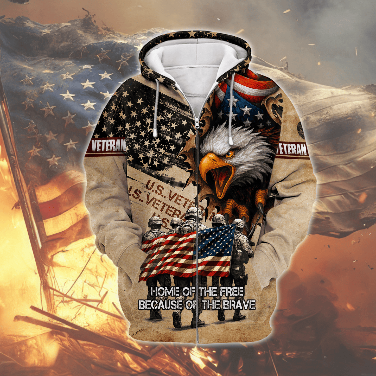 American Veteran Hoodie – Home of the Free Because of the Brave, Eagle & Soldiers Zip Hoodie, U.S. Flag Military Sweatshirt