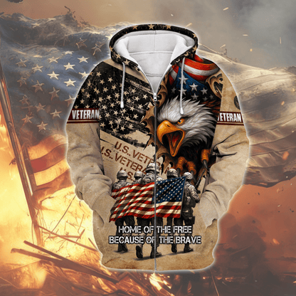 American Veteran Hoodie – Home of the Free Because of the Brave, Eagle & Soldiers Zip Hoodie, U.S. Flag Military Sweatshirt