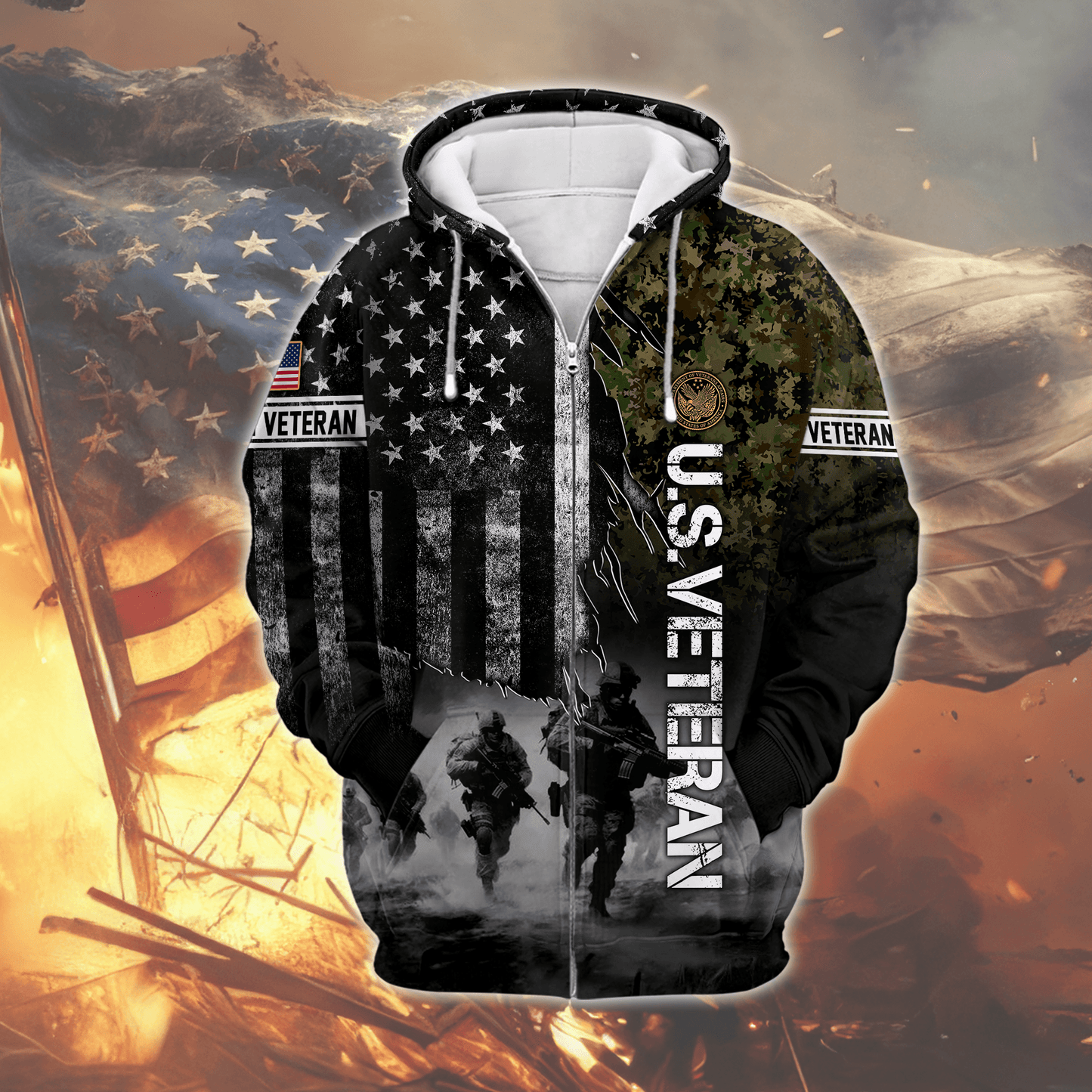 U.S. Veteran Hoodie – American Flag Military Zip Up Sweatshirt