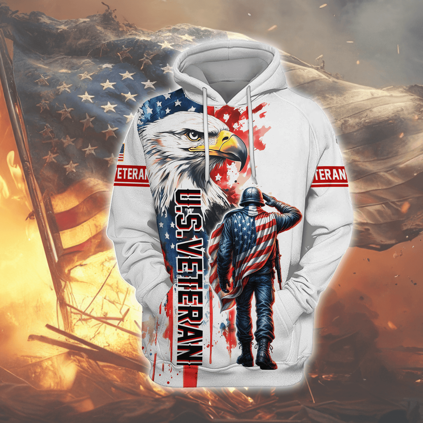 U.S. Veteran Hoodie – American Flag Soldier & Bald Eagle Zip Up
