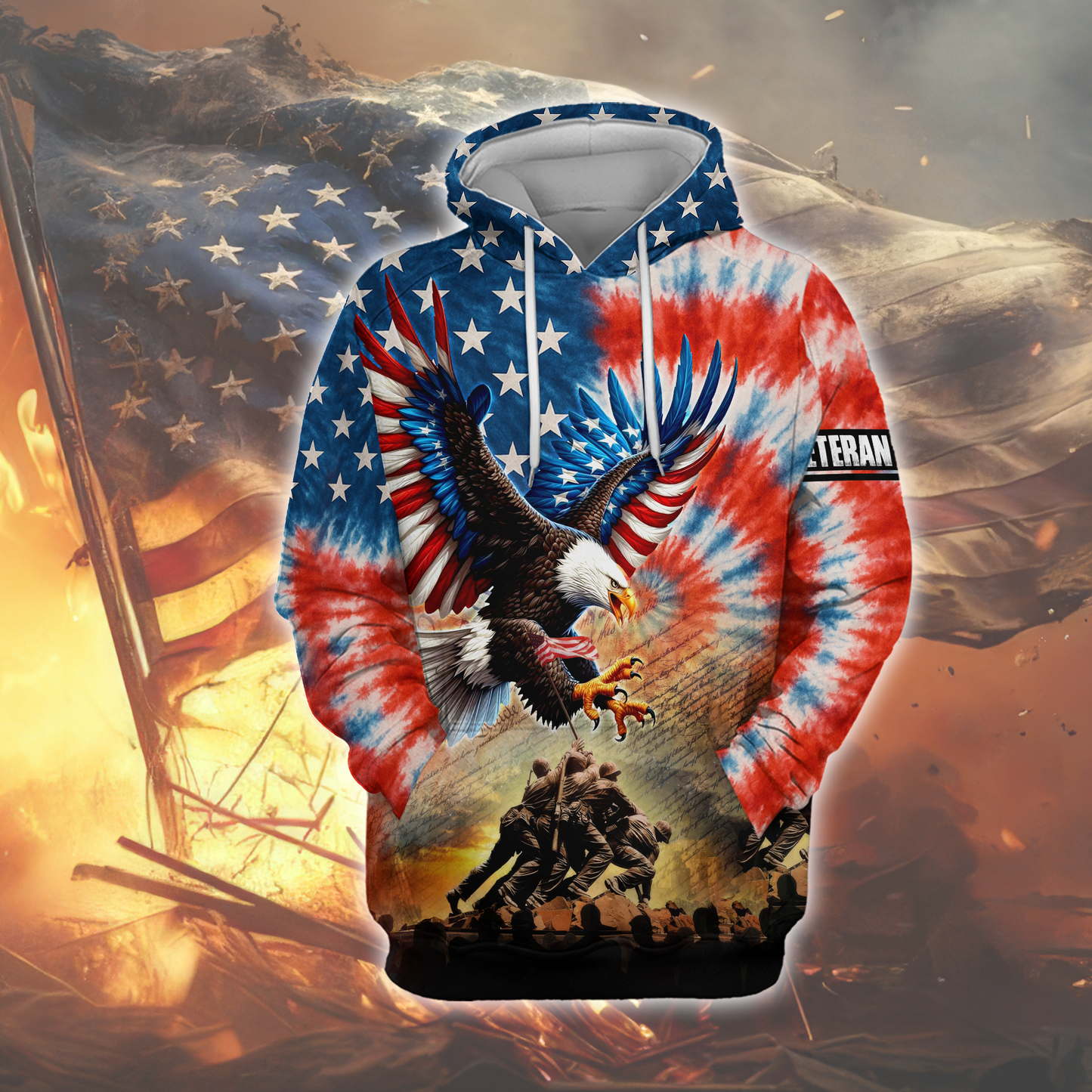 American Eagle Veteran Hoodie – Patriotic Tie Dye Zip Up, U.S. Flag Military Sweatshirt, Honor & Freedom Veteran Gift for Men