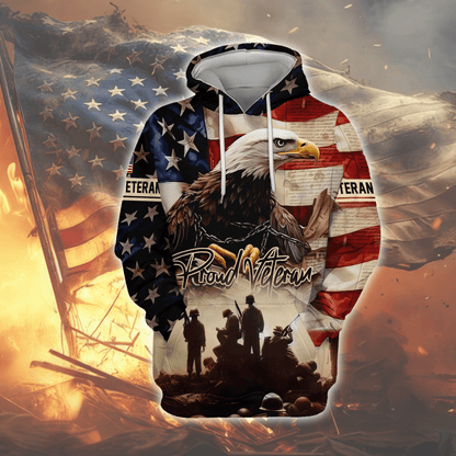 U.S. Veteran Hoodie – Proud Veteran Bald Eagle Zip Up, American Flag Military Hoodie, Patriotic Gift for Heroes