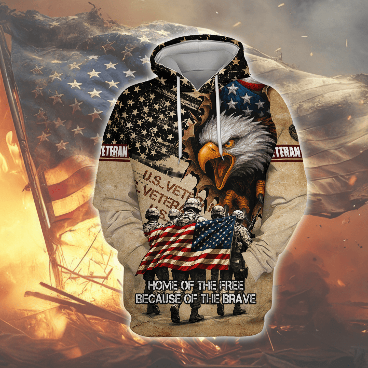American Veteran Hoodie – Home of the Free Because of the Brave, Eagle & Soldiers Zip Hoodie, U.S. Flag Military Sweatshirt