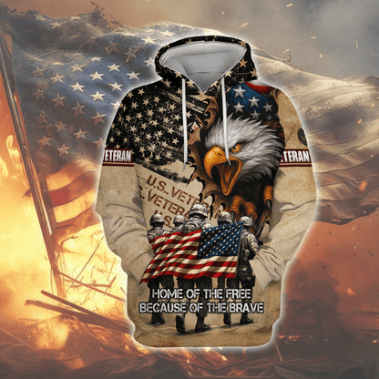 American Veteran Hoodie – Home of the Free Because of the Brave, Eagle & Soldiers Zip Hoodie, U.S. Flag Military Sweatshirt