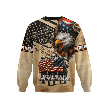 American Veteran Hoodie – Home of the Free Because of the Brave, Eagle & Soldiers Zip Hoodie, U.S. Flag Military Sweatshirt