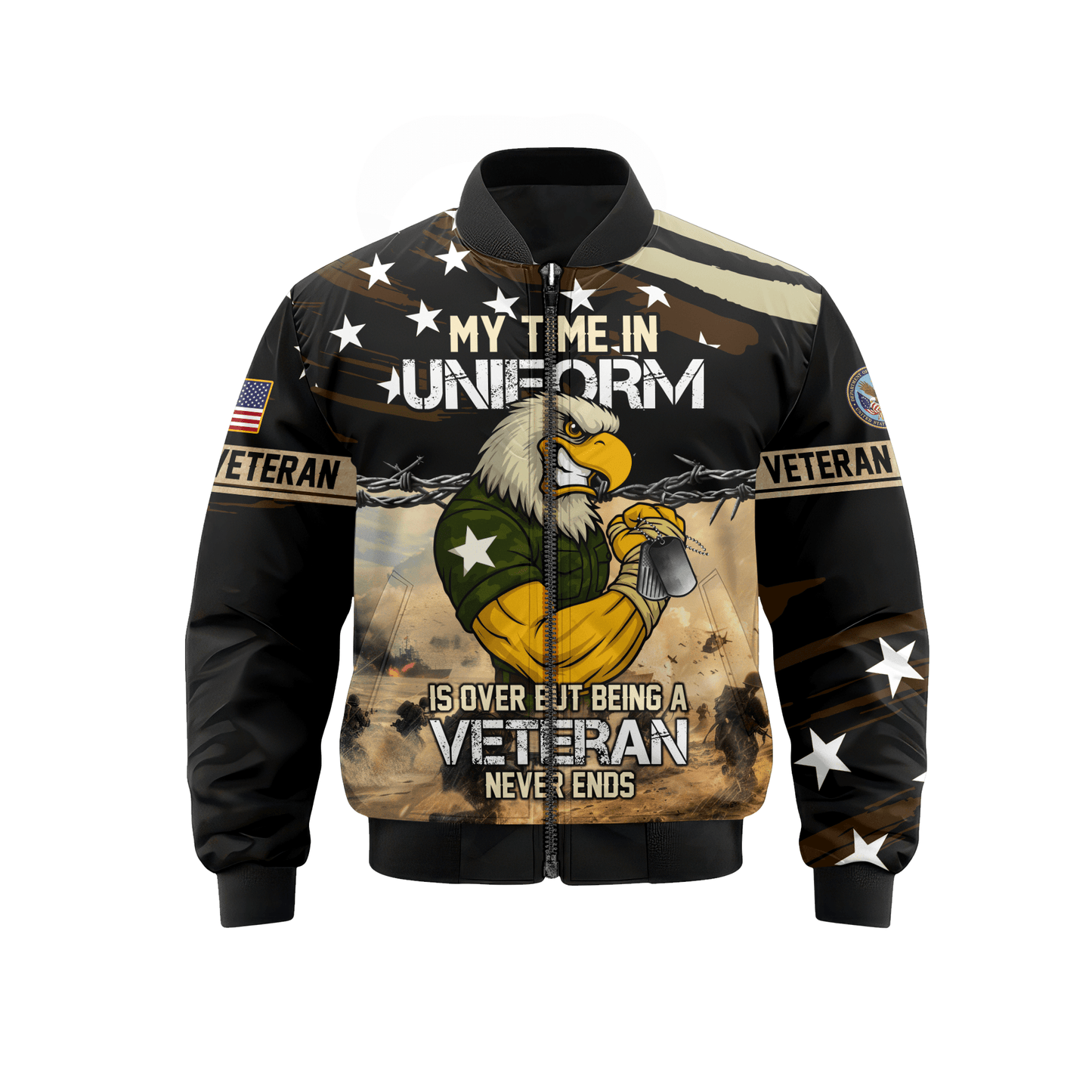 U.S. Veteran Hoodie – My Time in Uniform Is Over but Being a Veteran Never Ends, Patriotic Eagle Zip Up
