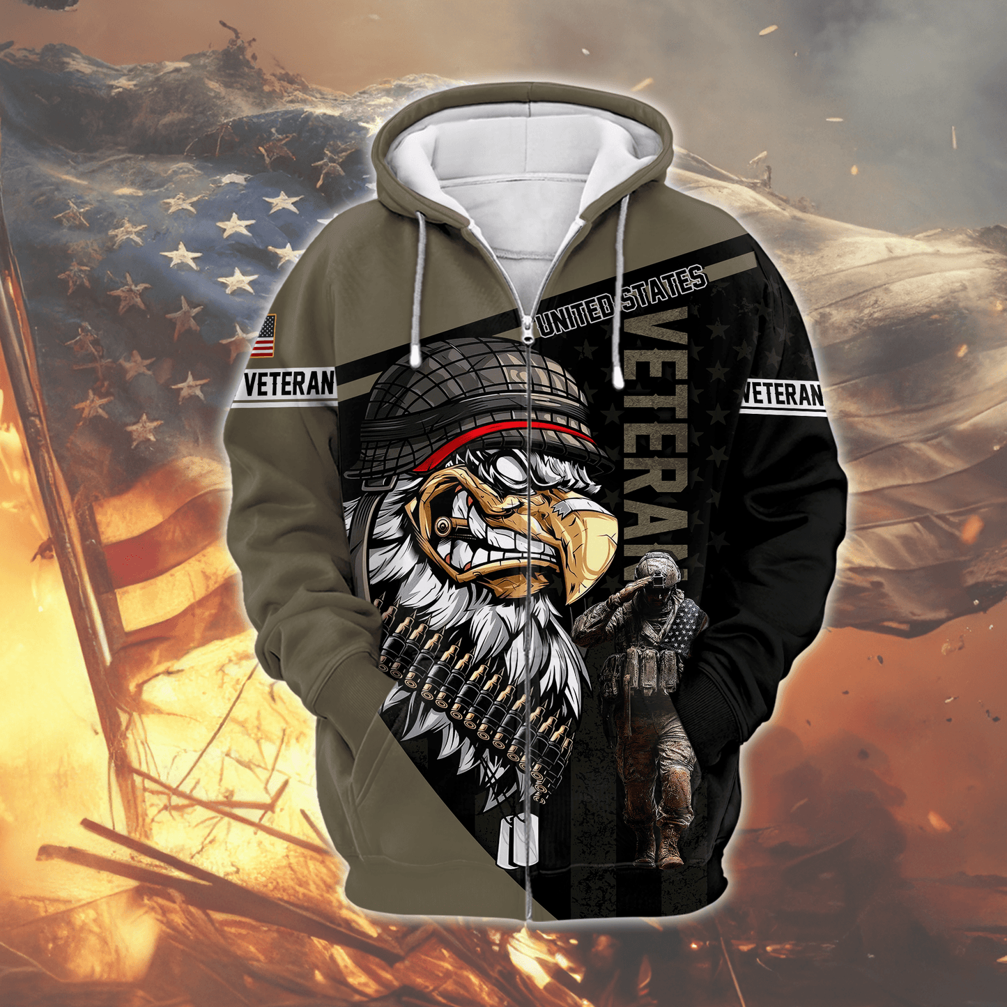 U.S. Veteran Hoodie – Eagle Design, Patriotic American Flag Zip Up VET31104