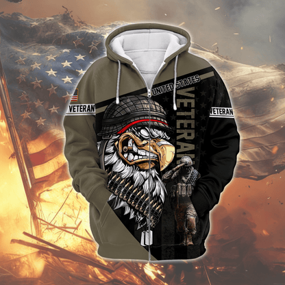 U.S. Veteran Hoodie – Eagle Design, Patriotic American Flag Zip Up VET31104