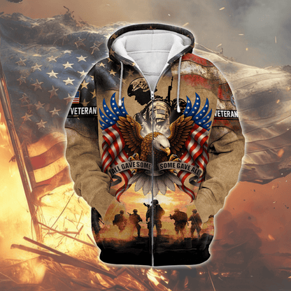 U.S. Veteran Hoodie – All Gave Some, Some Gave All Eagle Design, Patriotic American Flag Zip Up
