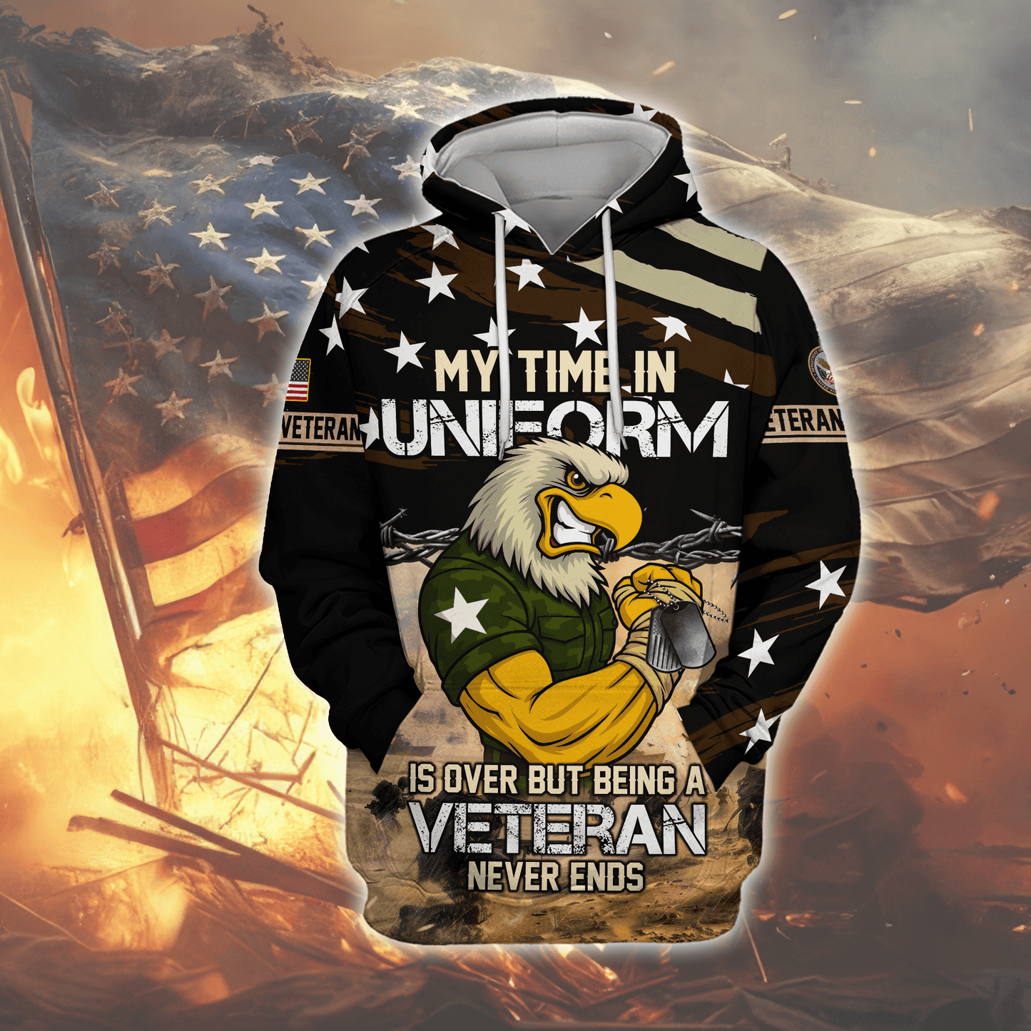 U.S. Veteran Hoodie – My Time in Uniform Is Over but Being a Veteran Never Ends, Patriotic Eagle Zip Up