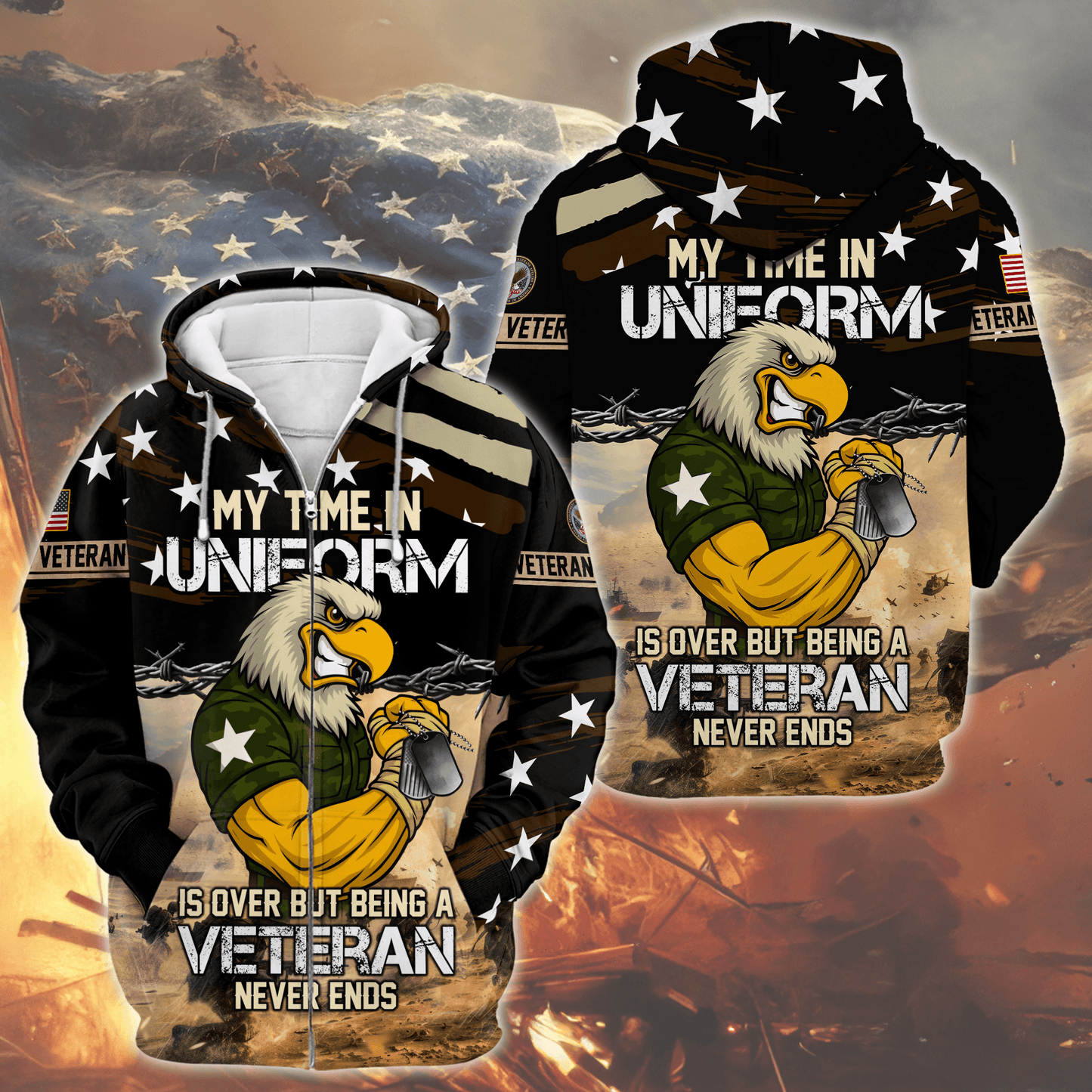U.S. Veteran Hoodie – My Time in Uniform Is Over but Being a Veteran Never Ends, Patriotic Eagle Zip Up