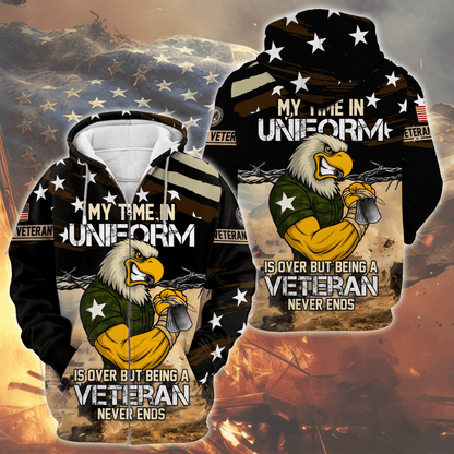U.S. Veteran Hoodie – My Time in Uniform Is Over but Being a Veteran Never Ends, Patriotic Eagle Zip Up