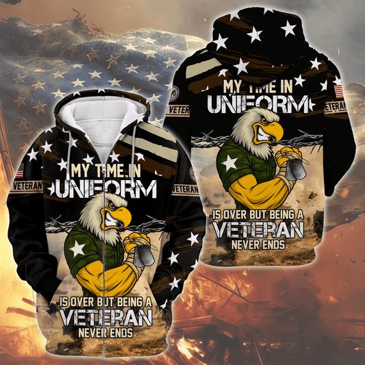 U.S. Veteran Hoodie – My Time in Uniform Is Over but Being a Veteran Never Ends, Patriotic Eagle Zip Up