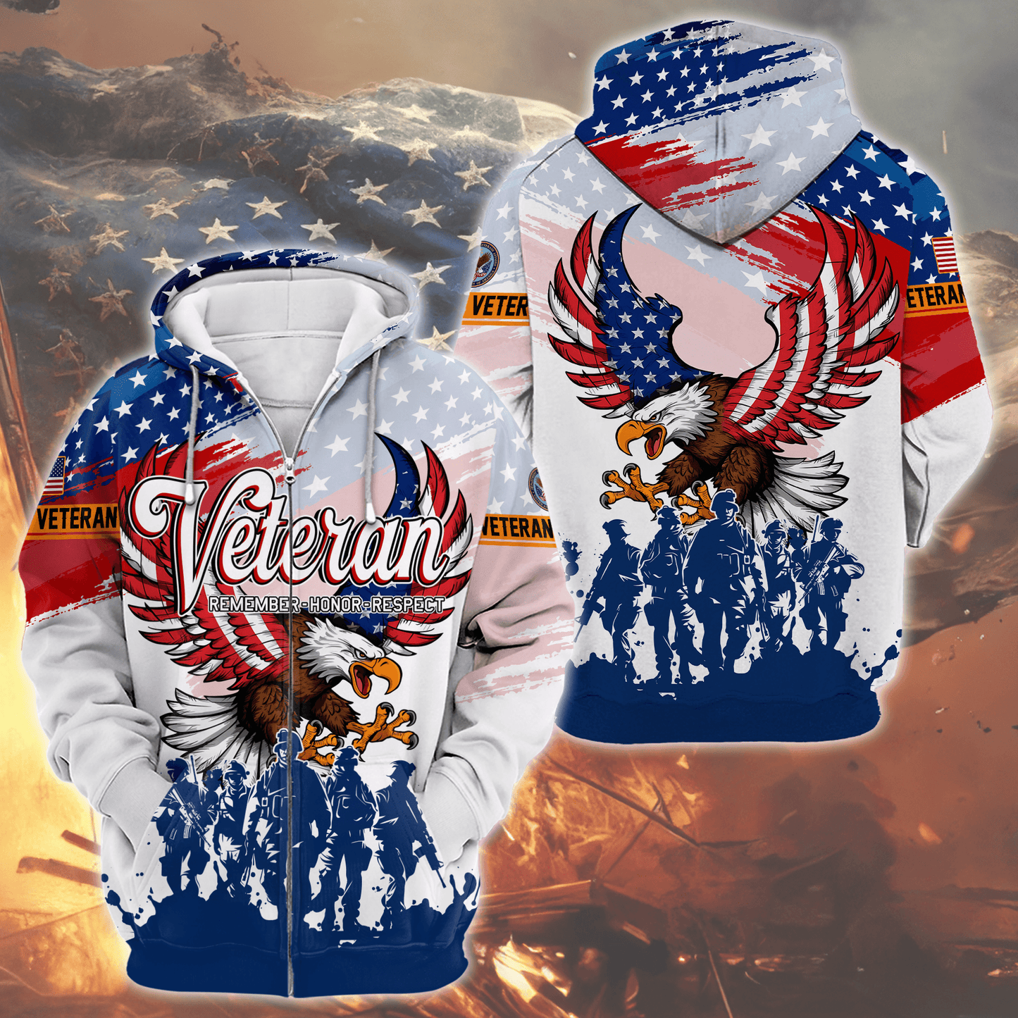 U.S. Veteran Hoodie – Eagle Design, Patriotic American Flag Zip Up VET31106