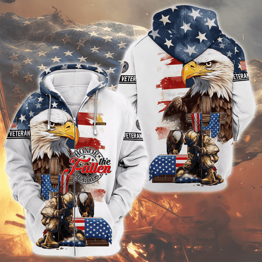 U.S. Veteran Hoodie – Honor the Fallen Heroes Design, American Flag Eagle Memorial Zip Up