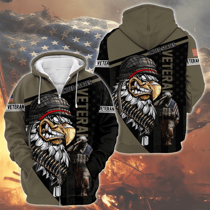 U.S. Veteran Hoodie – Eagle Design, Patriotic American Flag Zip Up VET31104