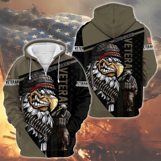 U.S. Veteran Hoodie – Eagle Design, Patriotic American Flag Zip Up VET31104