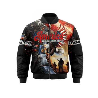 U.S. Veteran Hoodie – America Remember Honor Respect, Eagle and Soldier Zip Up, Patriotic Hoodie