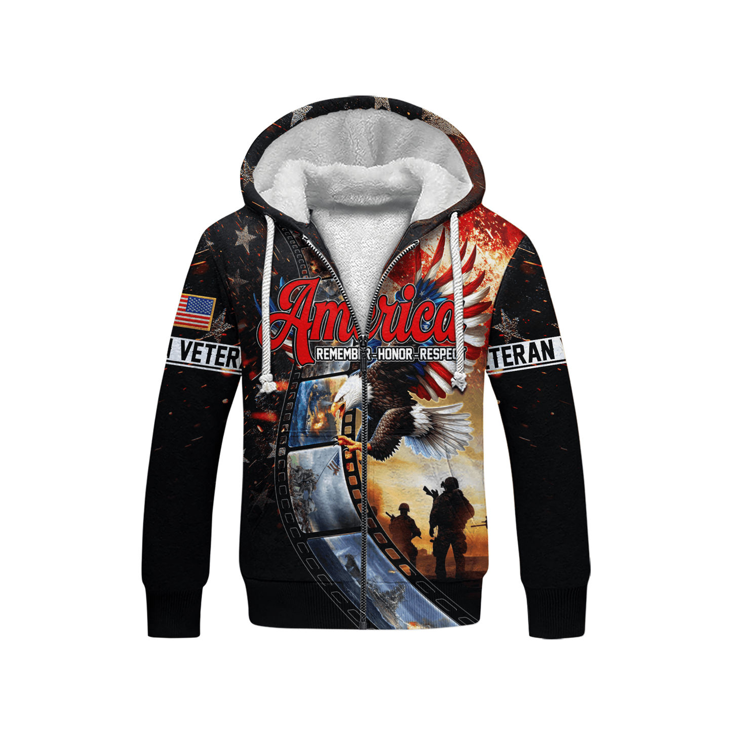 U.S. Veteran Hoodie – America Remember Honor Respect, Eagle and Soldier Zip Up, Patriotic Hoodie