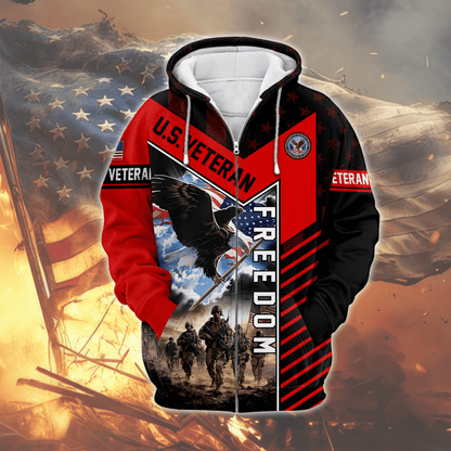 U.S. Veteran Freedom Hoodie – Patriotic Eagle and Soldier Zip Up, American Flag Military Pride Hoodie for Men