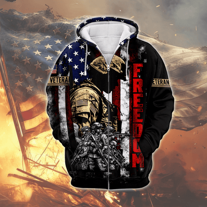 U.S. Veteran Hoodie – Freedom American Flag Design, Soldier Tribute Zip Up, Patriotic Military Apparel