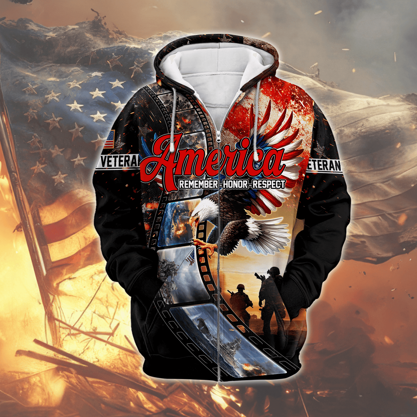U.S. Veteran Hoodie – America Remember Honor Respect, Eagle and Soldier Zip Up, Patriotic Hoodie