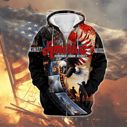 U.S. Veteran Hoodie – America Remember Honor Respect, Eagle and Soldier Zip Up, Patriotic Hoodie