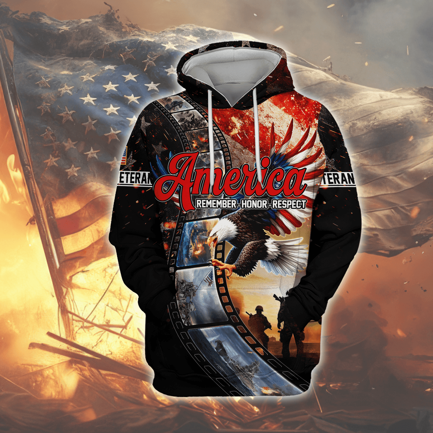 U.S. Veteran Hoodie – America Remember Honor Respect, Eagle and Soldier Zip Up, Patriotic Hoodie