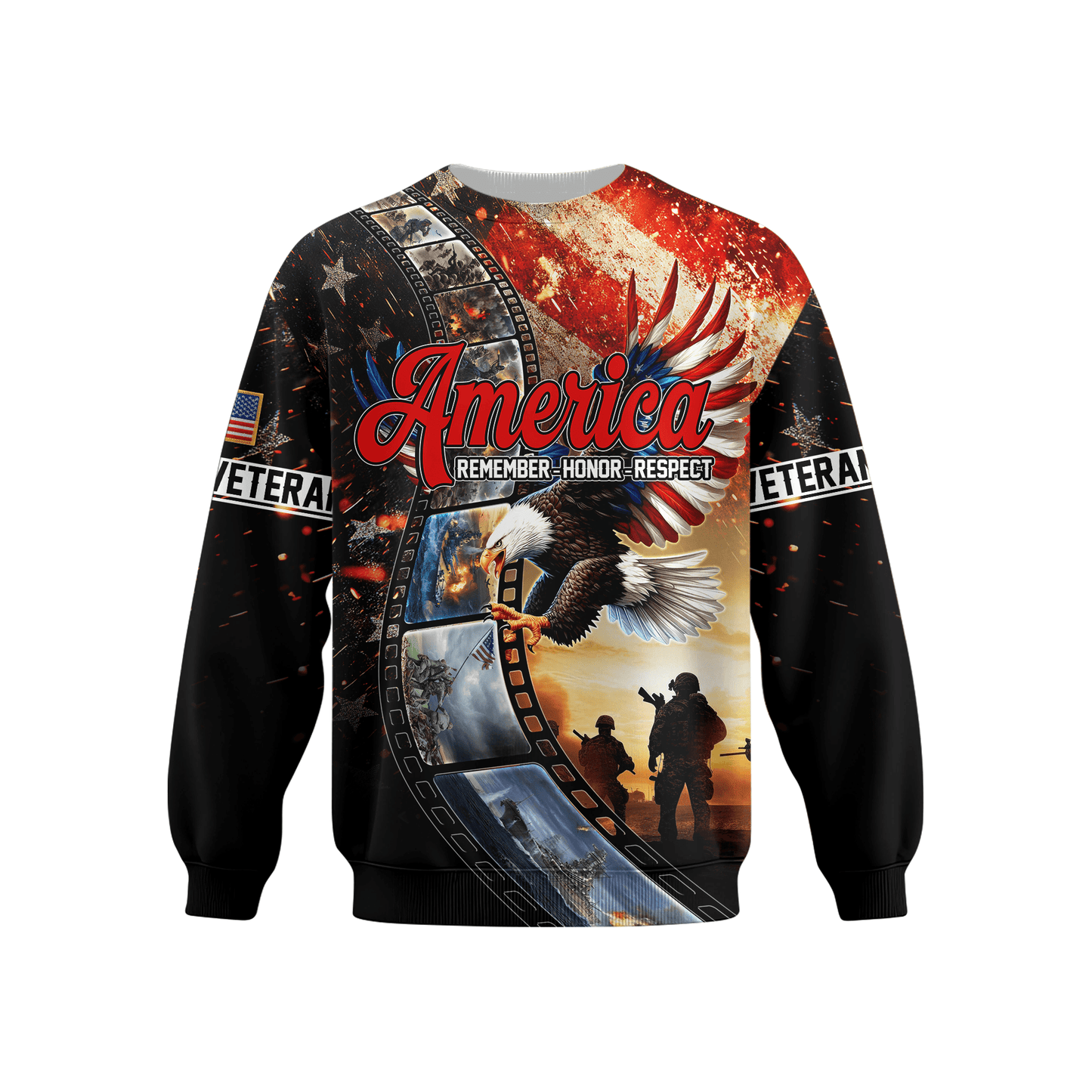 U.S. Veteran Hoodie – America Remember Honor Respect, Eagle and Soldier Zip Up, Patriotic Hoodie