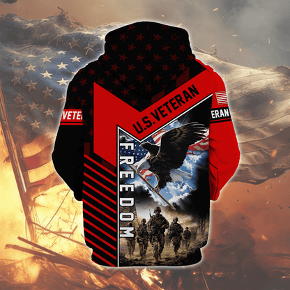 U.S. Veteran Freedom Hoodie – Patriotic Eagle and Soldier Zip Up, American Flag Military Pride Hoodie for Men