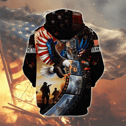 U.S. Veteran Hoodie – America Remember Honor Respect, Eagle and Soldier Zip Up, Patriotic Hoodie