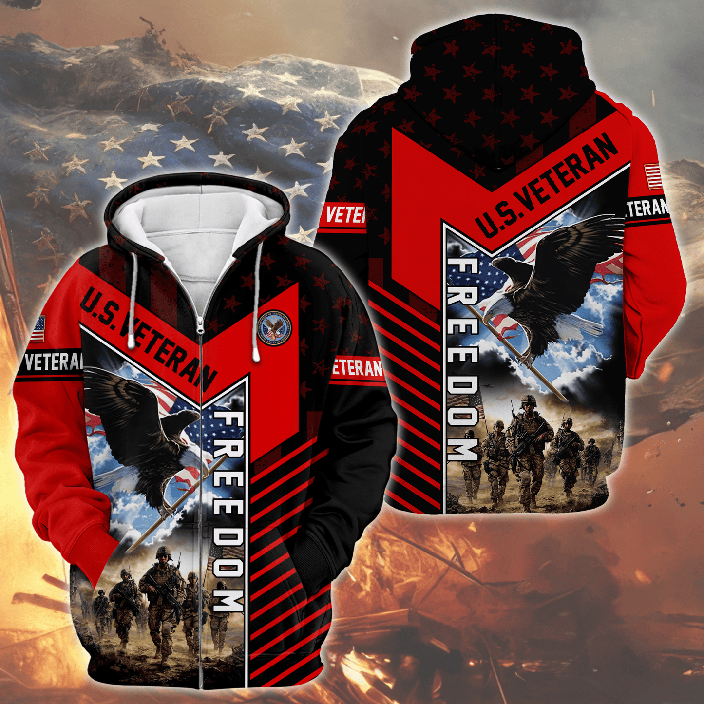 U.S. Veteran Freedom Hoodie – Patriotic Eagle and Soldier Zip Up, American Flag Military Pride Hoodie for Men